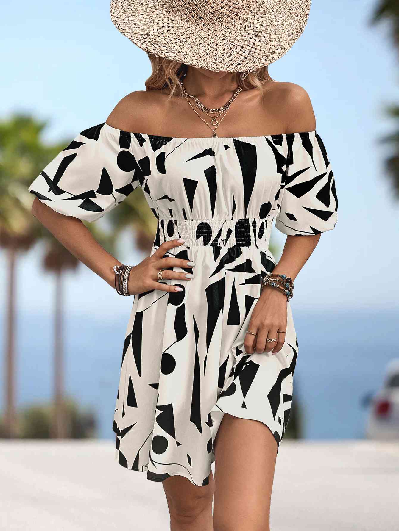 Printed Off-Shoulder Smocked Waist Dress - TRENDMELO