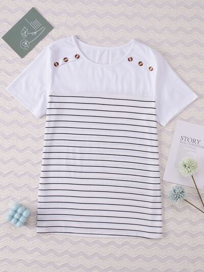 Striped Round Neck Short Sleeve T-Shirt - TRENDMELO