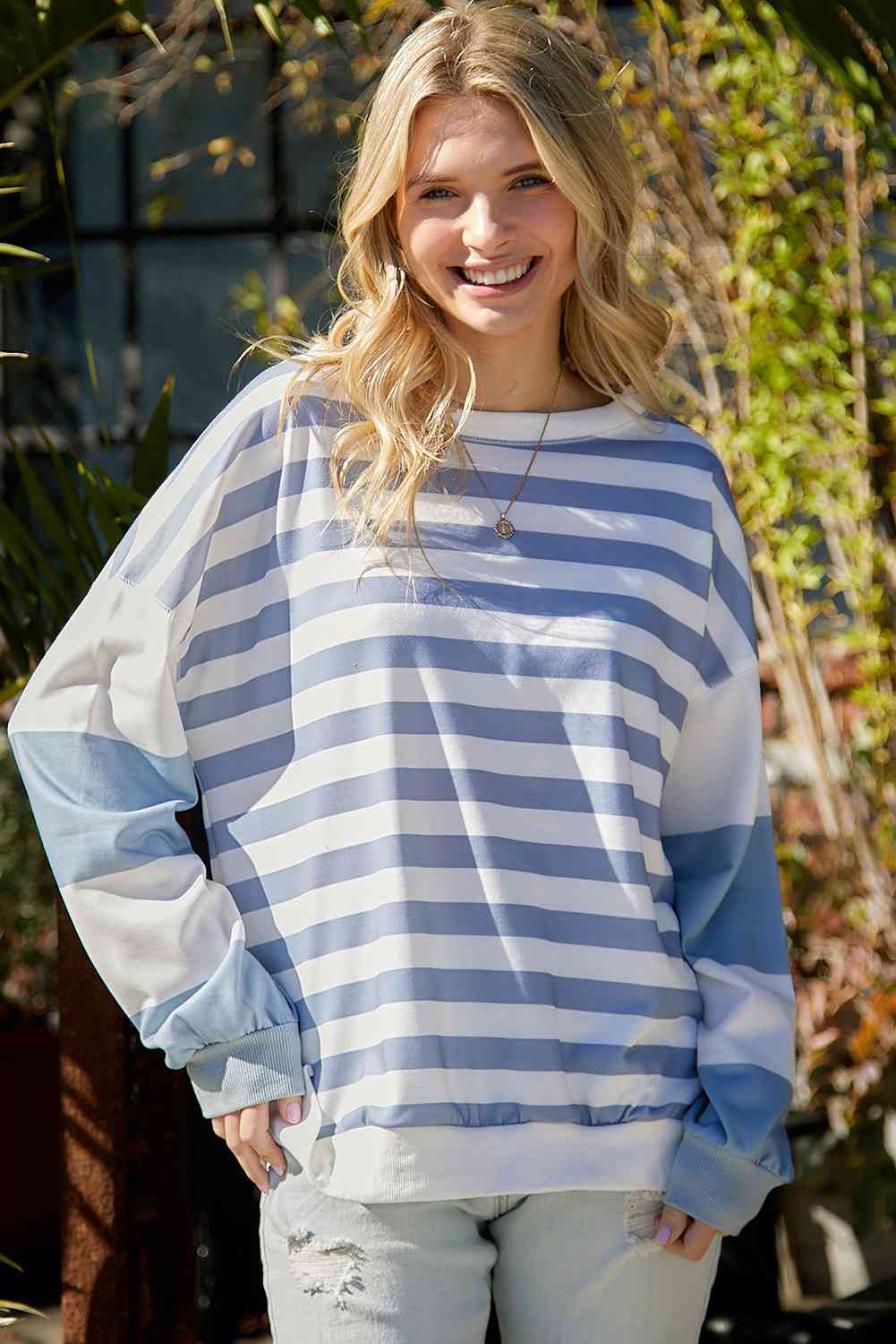 Striped Dropped Shoulder Sweatshirt - TRENDMELO