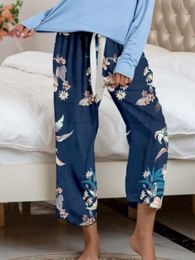 Round Neck Top and Printed Pants Lounge Set - TRENDMELO