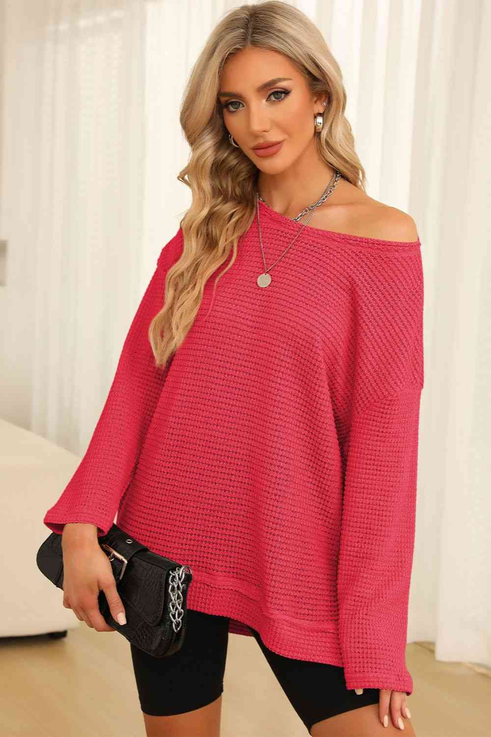 Waffle-Knit Round Neck Long Sleeve Sweatshirt - TRENDMELO