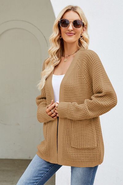 Open Front Raglan Sleeve Pocketed Cardigan - TRENDMELO