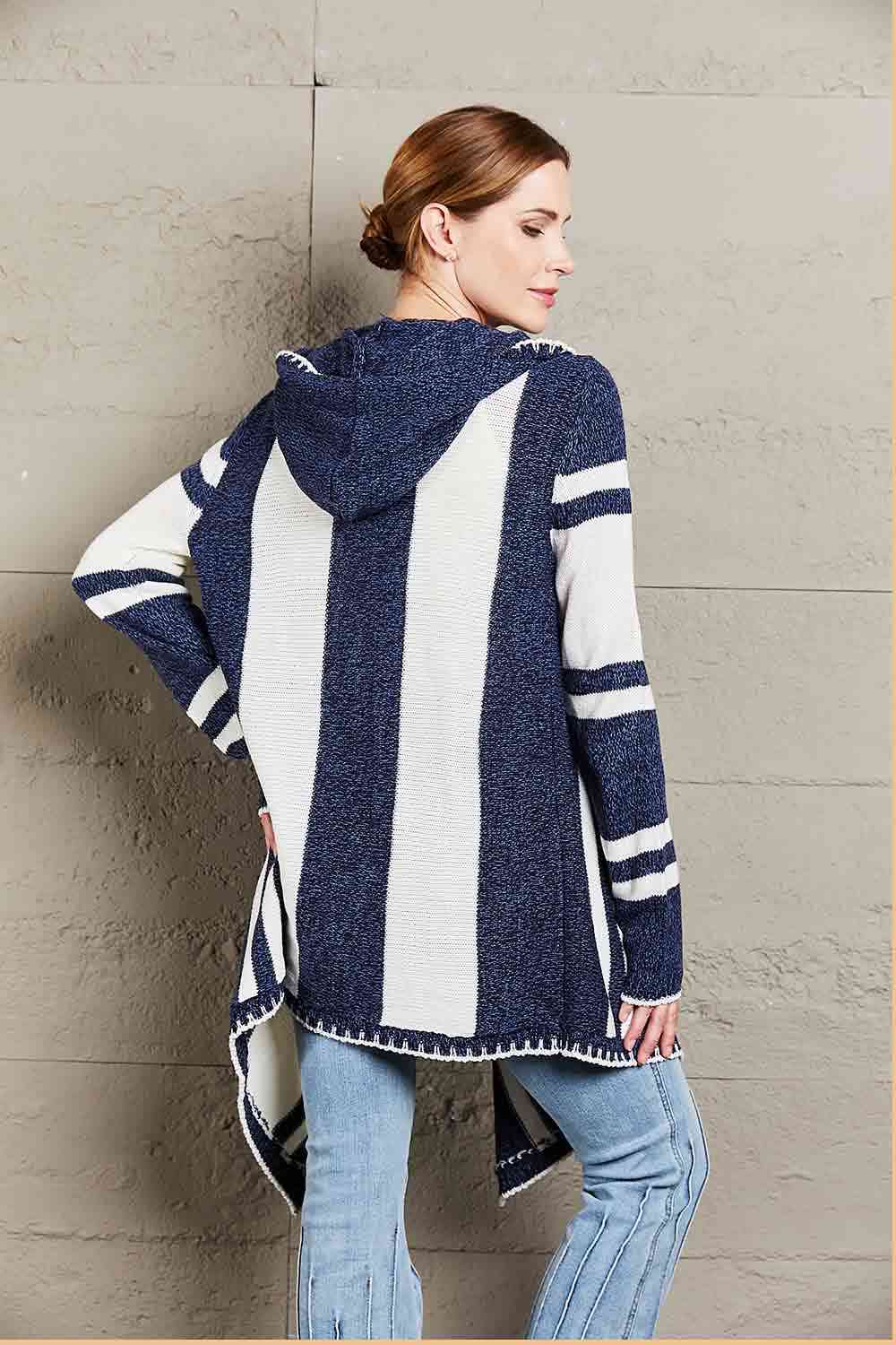 Woven Right Striped Open Front Hooded Cardigan - TRENDMELO