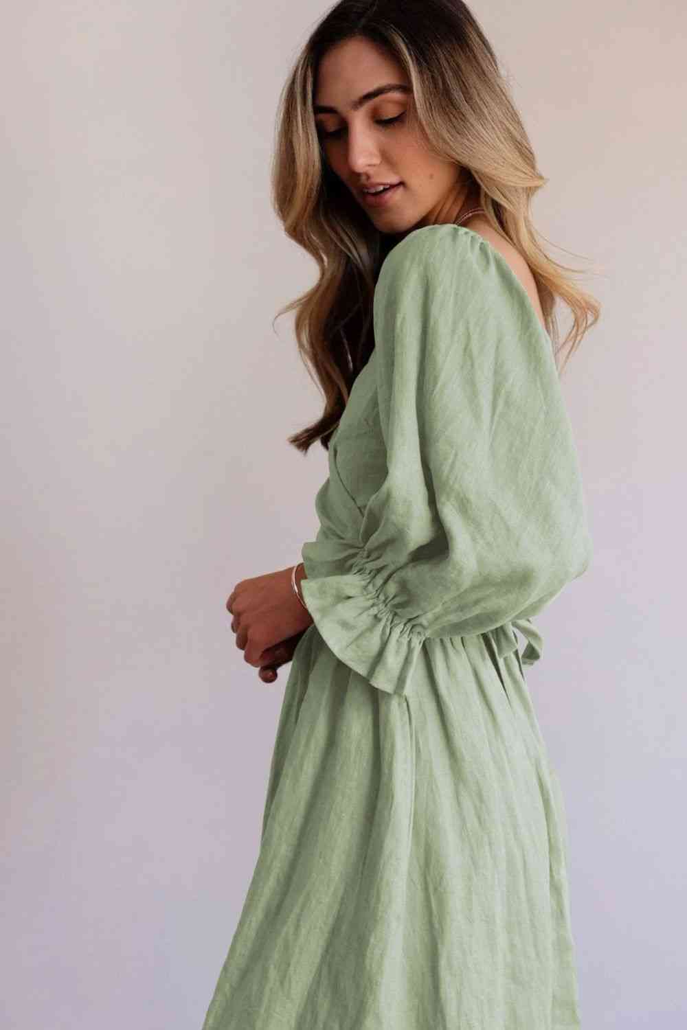 Smocked Square Neck Flounce Sleeve Dress - TRENDMELO