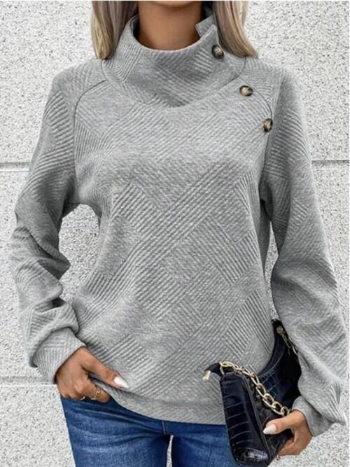 Buttoned Mock Neck Long Sleeve Sweatshirt - TRENDMELO