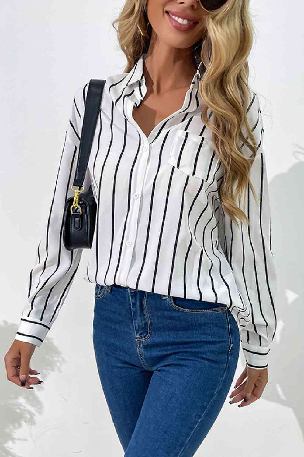 Vertical Stripes Button Down Shirt - TRENDMELO