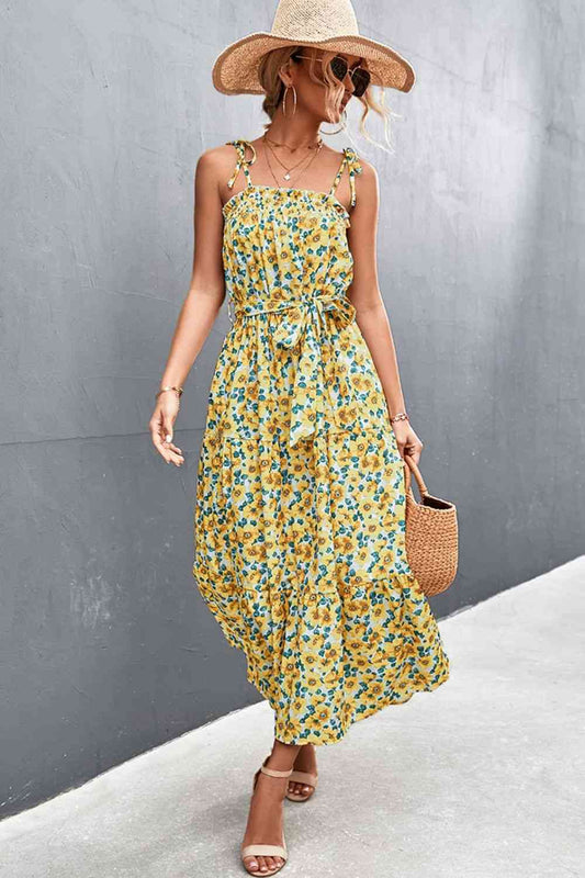 Floral Tie-Shoulder Belted Dress - TRENDMELO