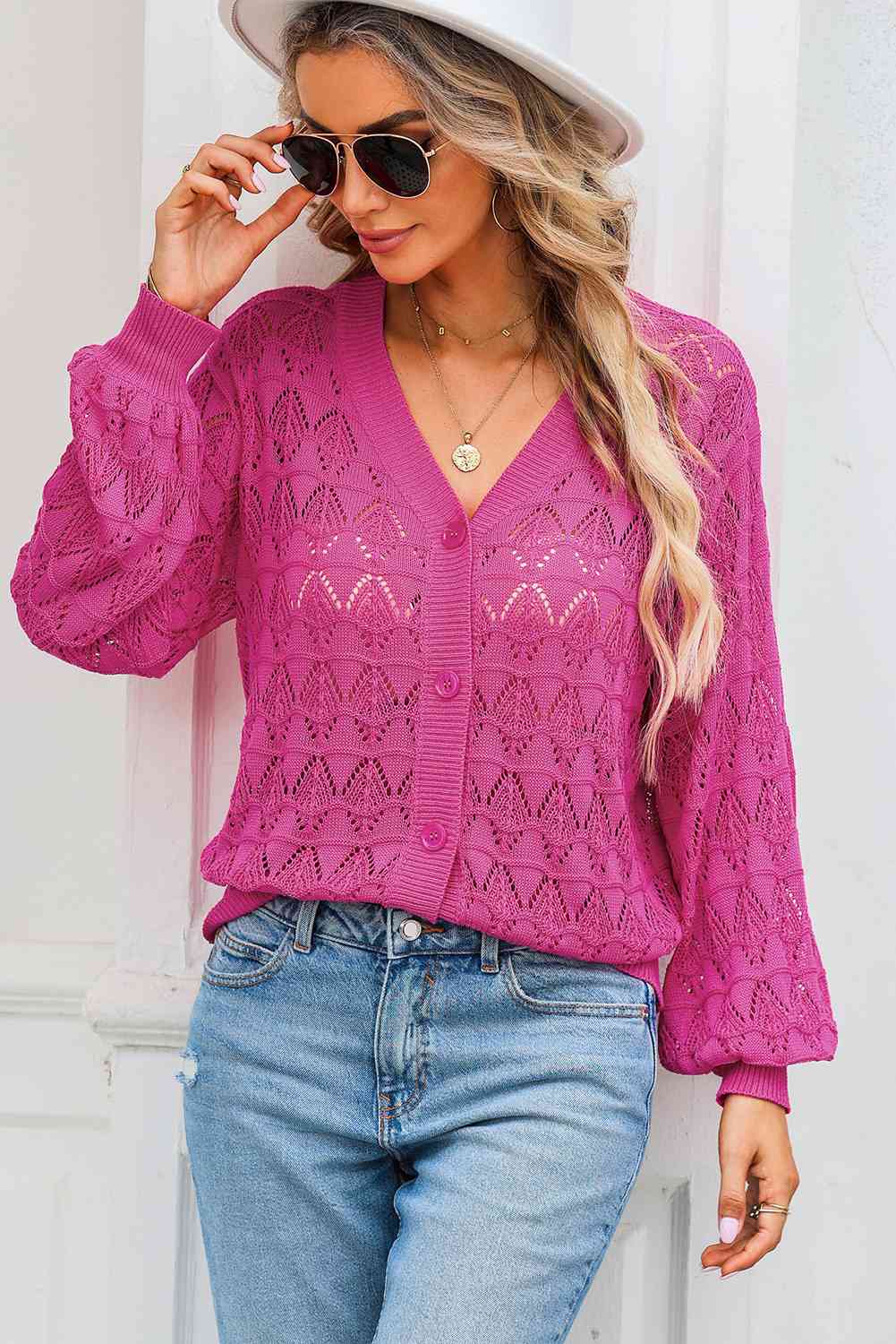 Openwork V-Neck Cardigan - TRENDMELO