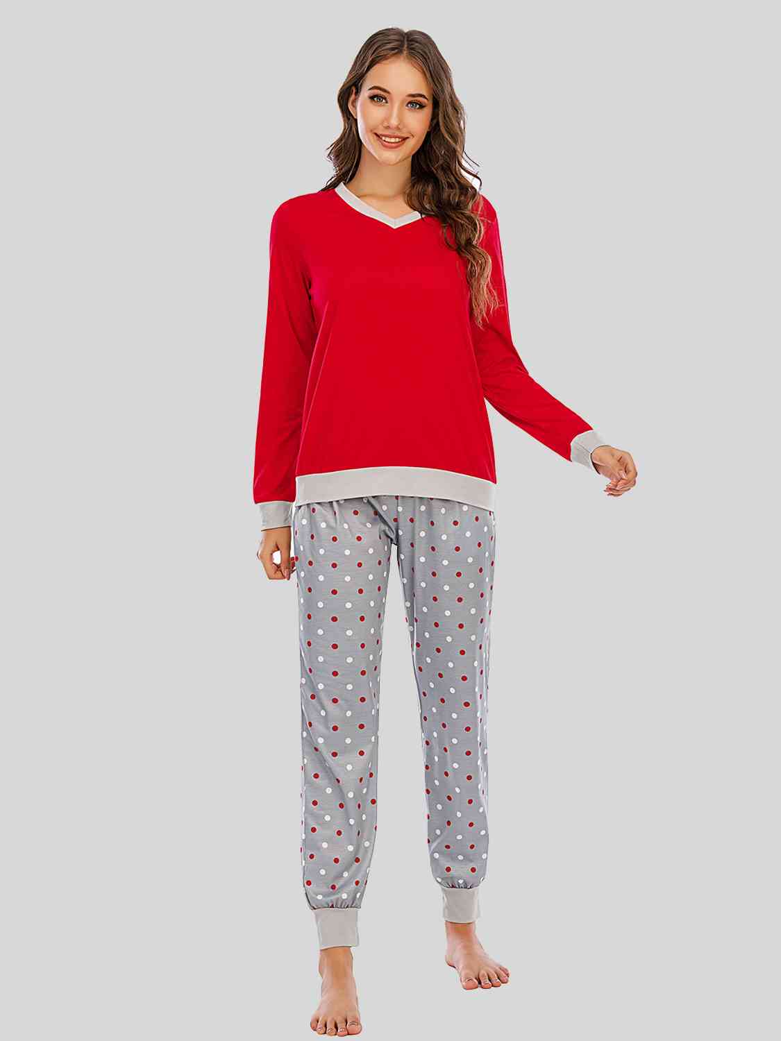 Long Sleeve Top and Polka Dot Pants Set - TRENDMELO