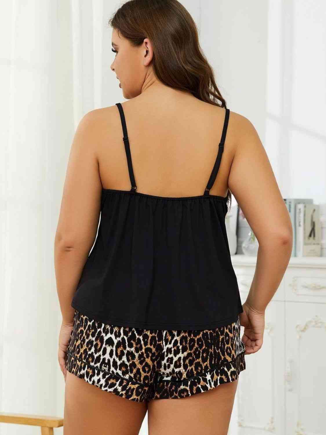 Plus Size Lace Trim Scoop Neck Cami and Printed Shorts Pajama Set - TRENDMELO