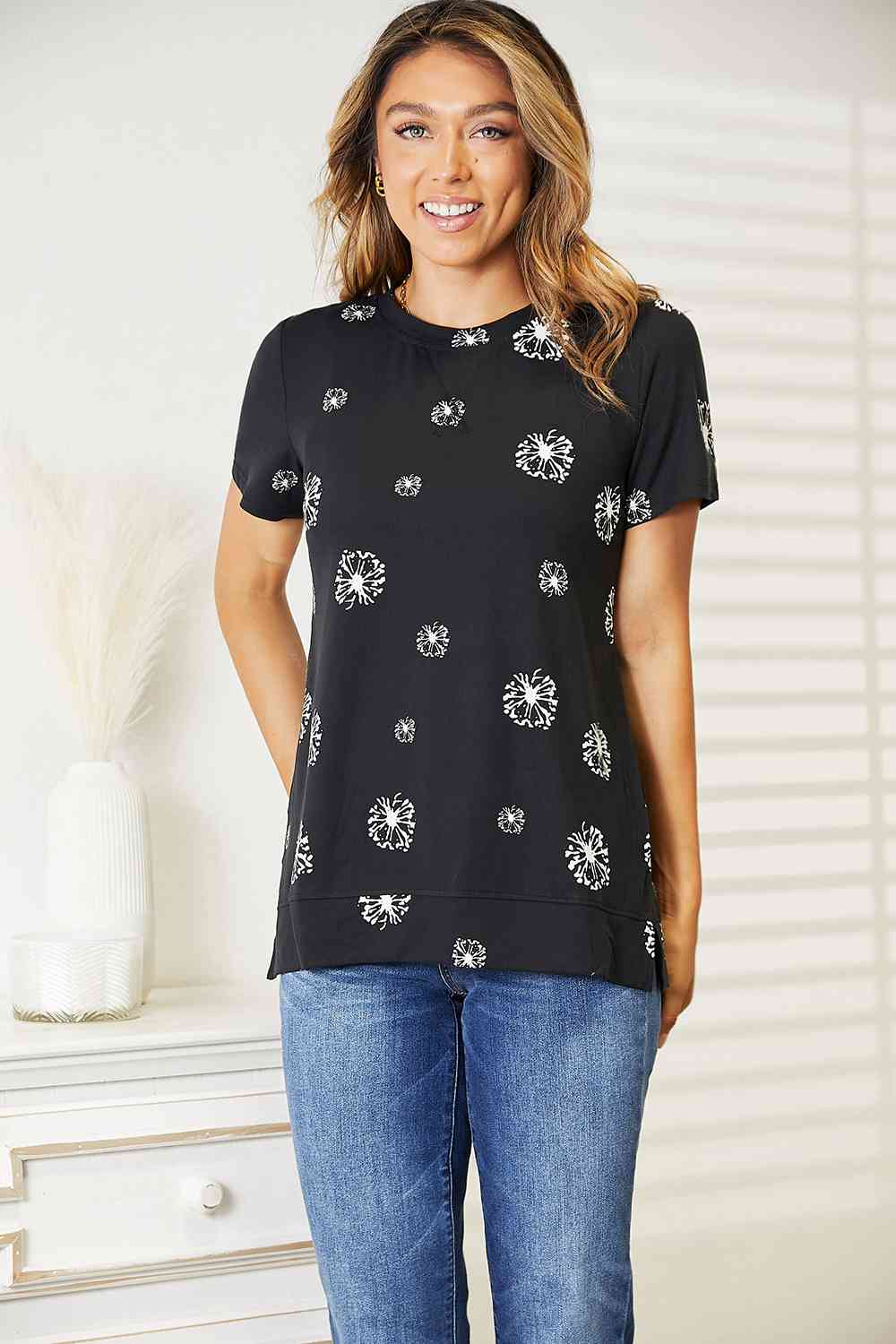 Double Take Dandelion Print Round Neck T-Shirt - TRENDMELO