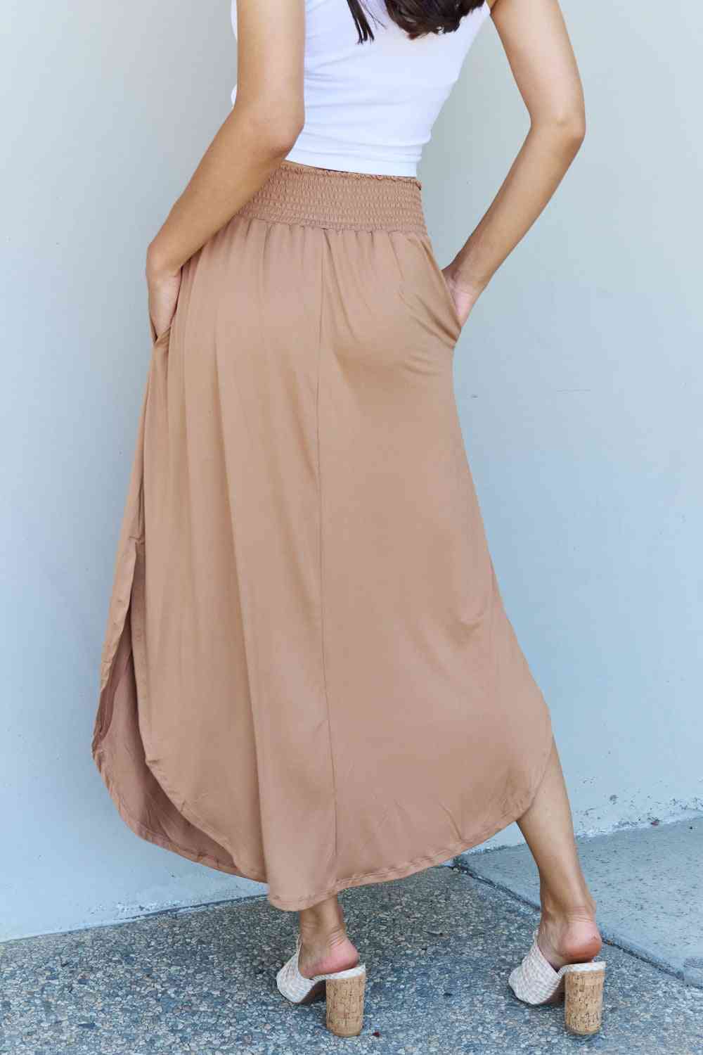 Doublju Comfort Princess Full Size High Waist Scoop Hem Maxi Skirt in Tan - TRENDMELO