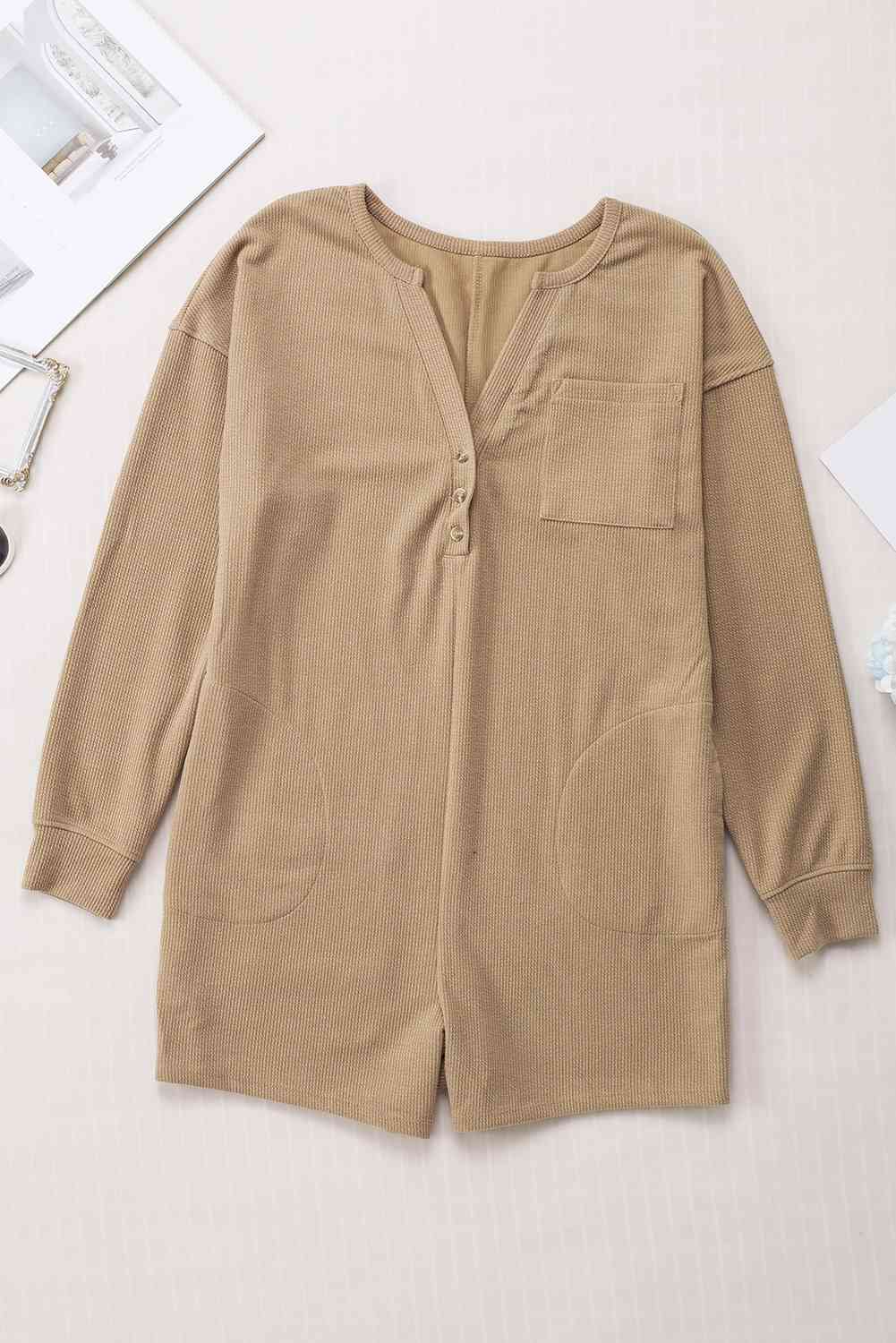 Notched Neck Long Sleeve Romper - TRENDMELO