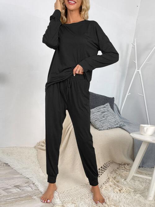 Round Neck Top and Drawstring Pants Lounge Set - TRENDMELO