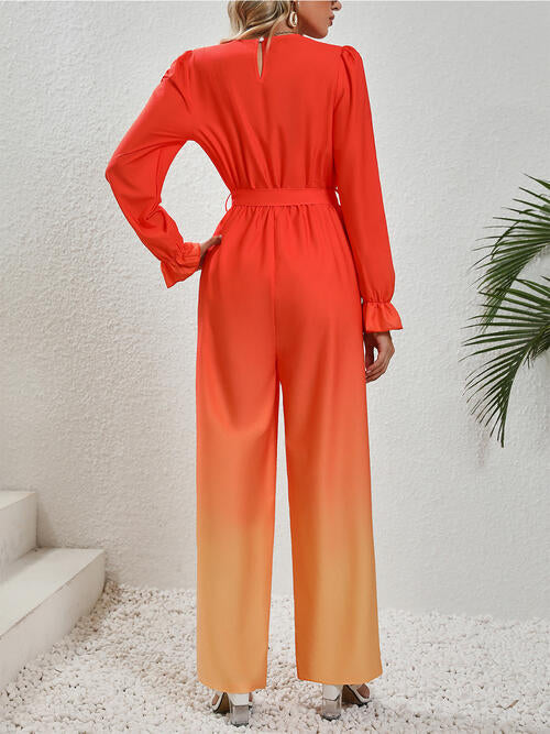 Gradient Tie Front Flounce Sleeve Jumpsuit - TRENDMELO