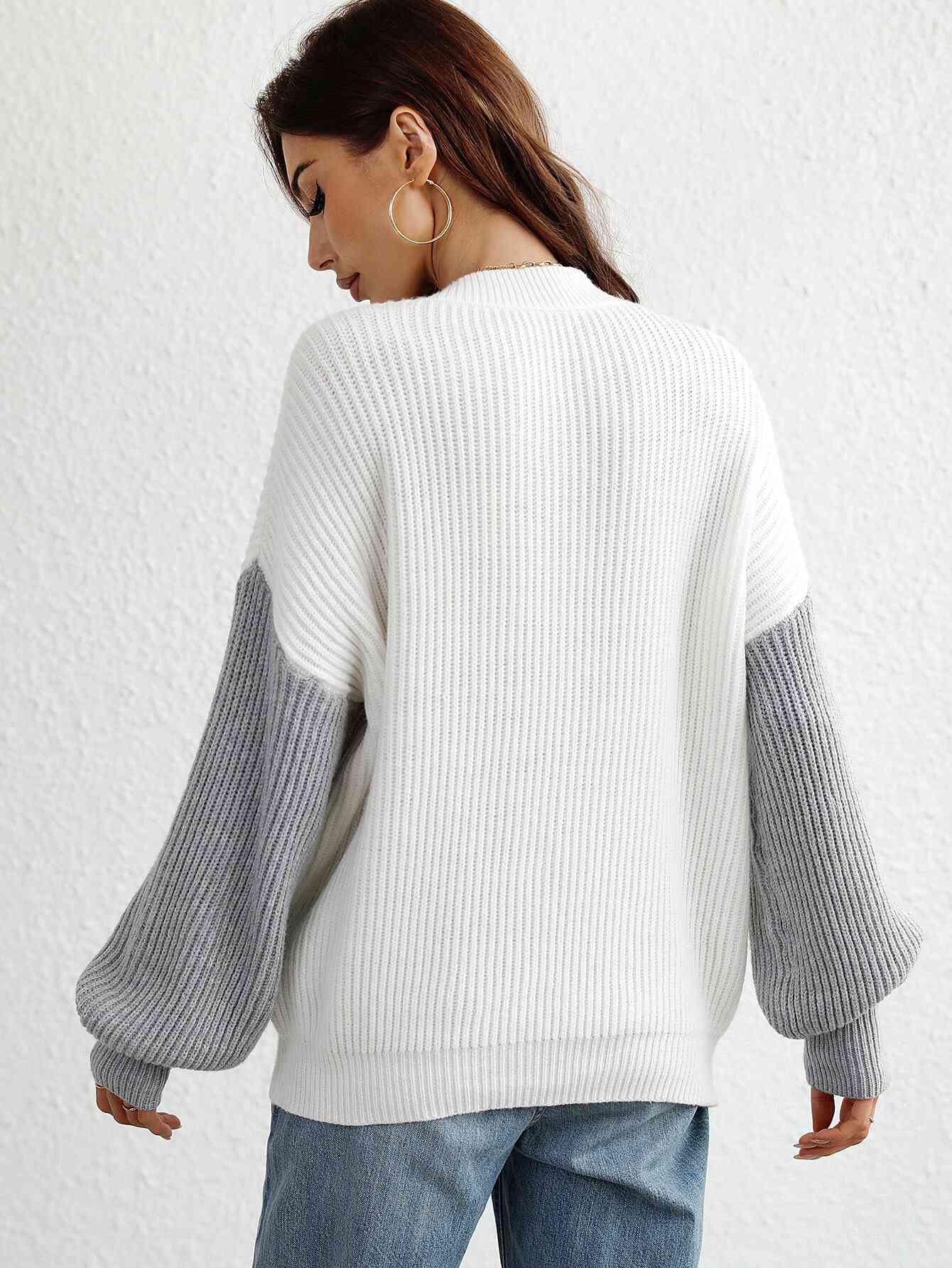 Two-Tone Rib-Knit Dropped Shoulder Sweater - TRENDMELO