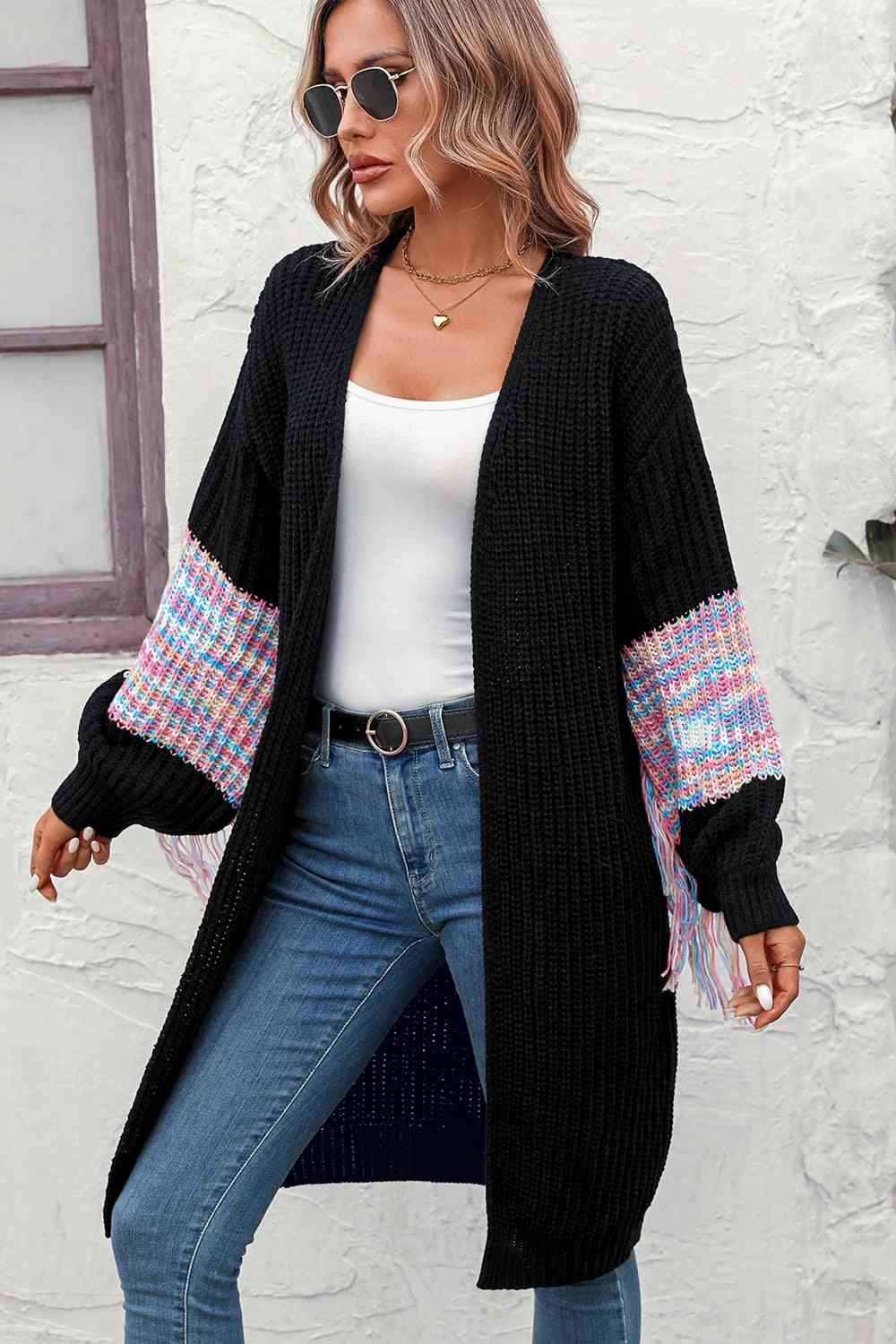 Fringe Sleeve Dropped Shoulder Cardigan - TRENDMELO