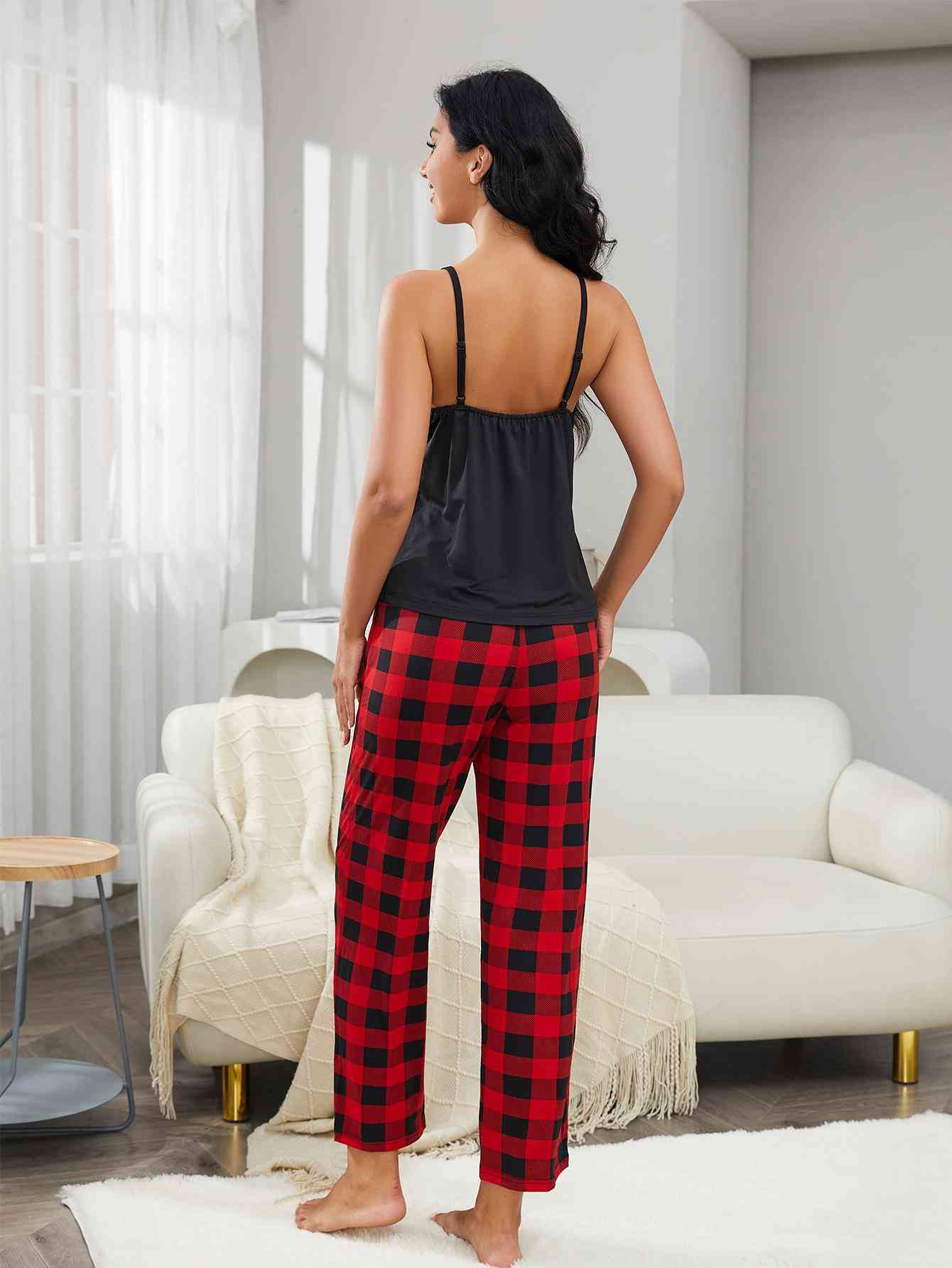 Lace Trim Cami and Plaid Pants Lounge Set - TRENDMELO