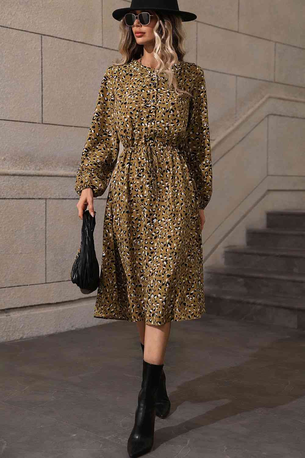 Printed Long Sleeve Midi Dress - TRENDMELO