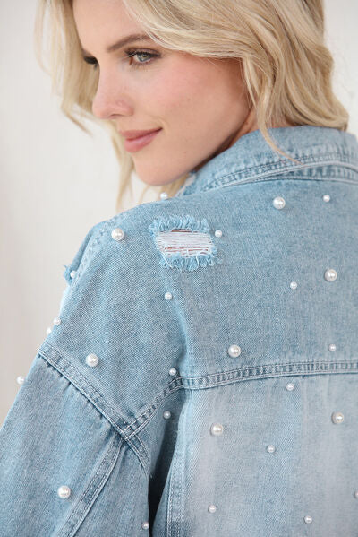 Distressed Pearl Trim Button Up Denim Jacket - TRENDMELO