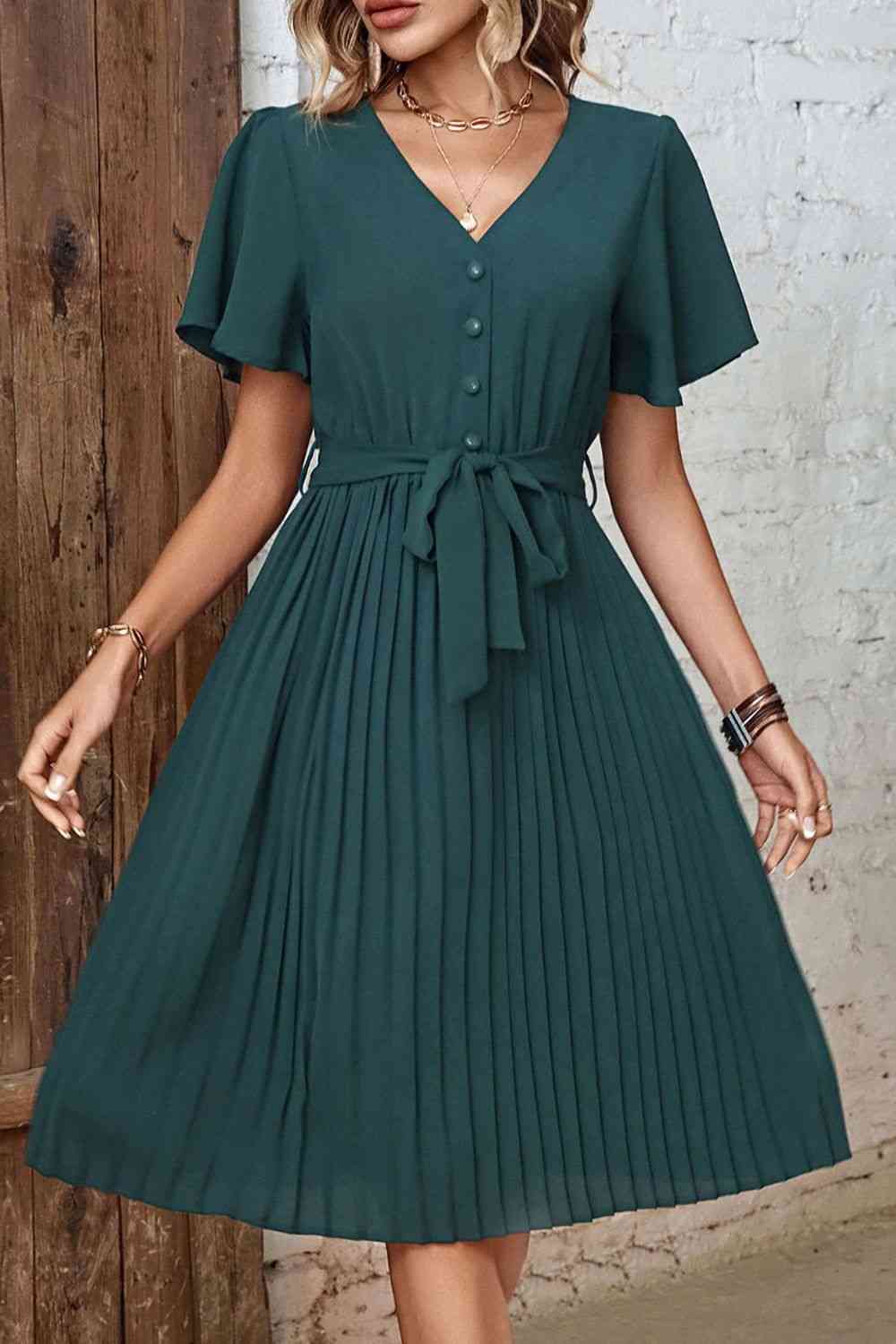 Buttoned V-Neck Flutter Sleeve Pleated Dress - TRENDMELO