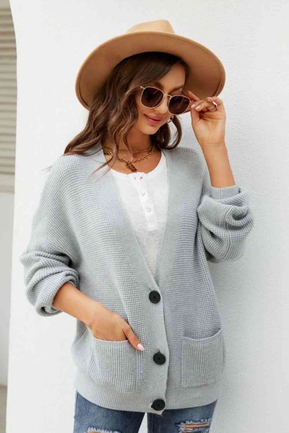 Waffle-Knit Dropped Shoulder Cardigan - TRENDMELO