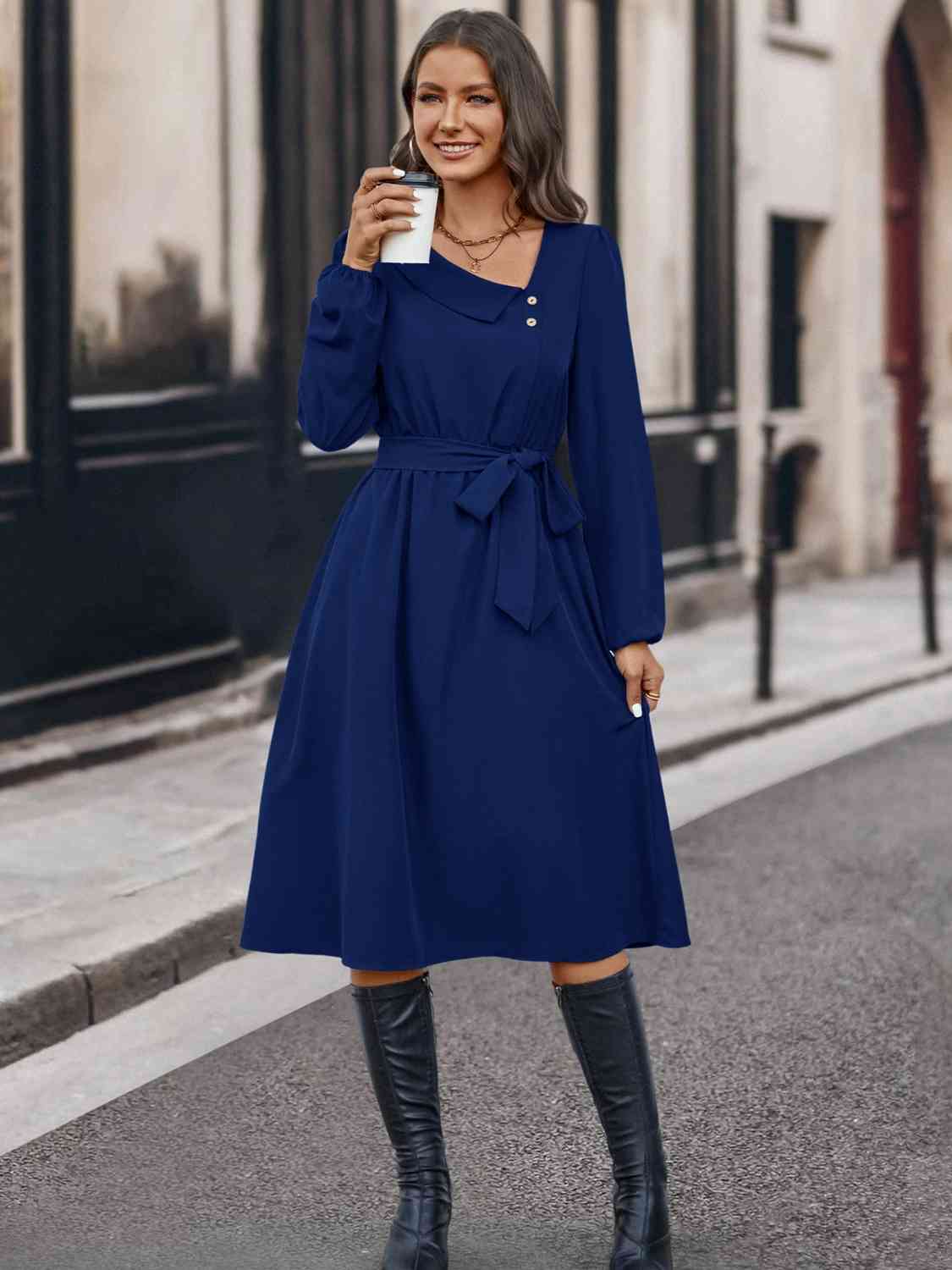 Buttoned Tie Front Long Sleeve Asymmetrical Neck Dress - TRENDMELO