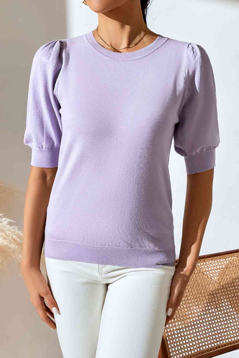 Round Neck Puff Sleeve Knit Top - TRENDMELO