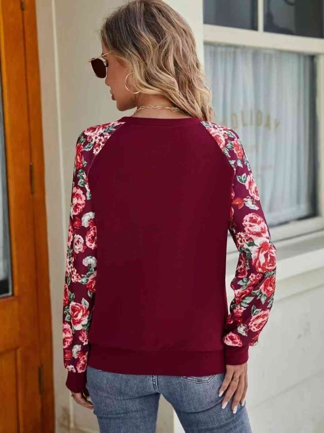 Floral Raglan Sleeve Round Neck Sweatshirt - TRENDMELO