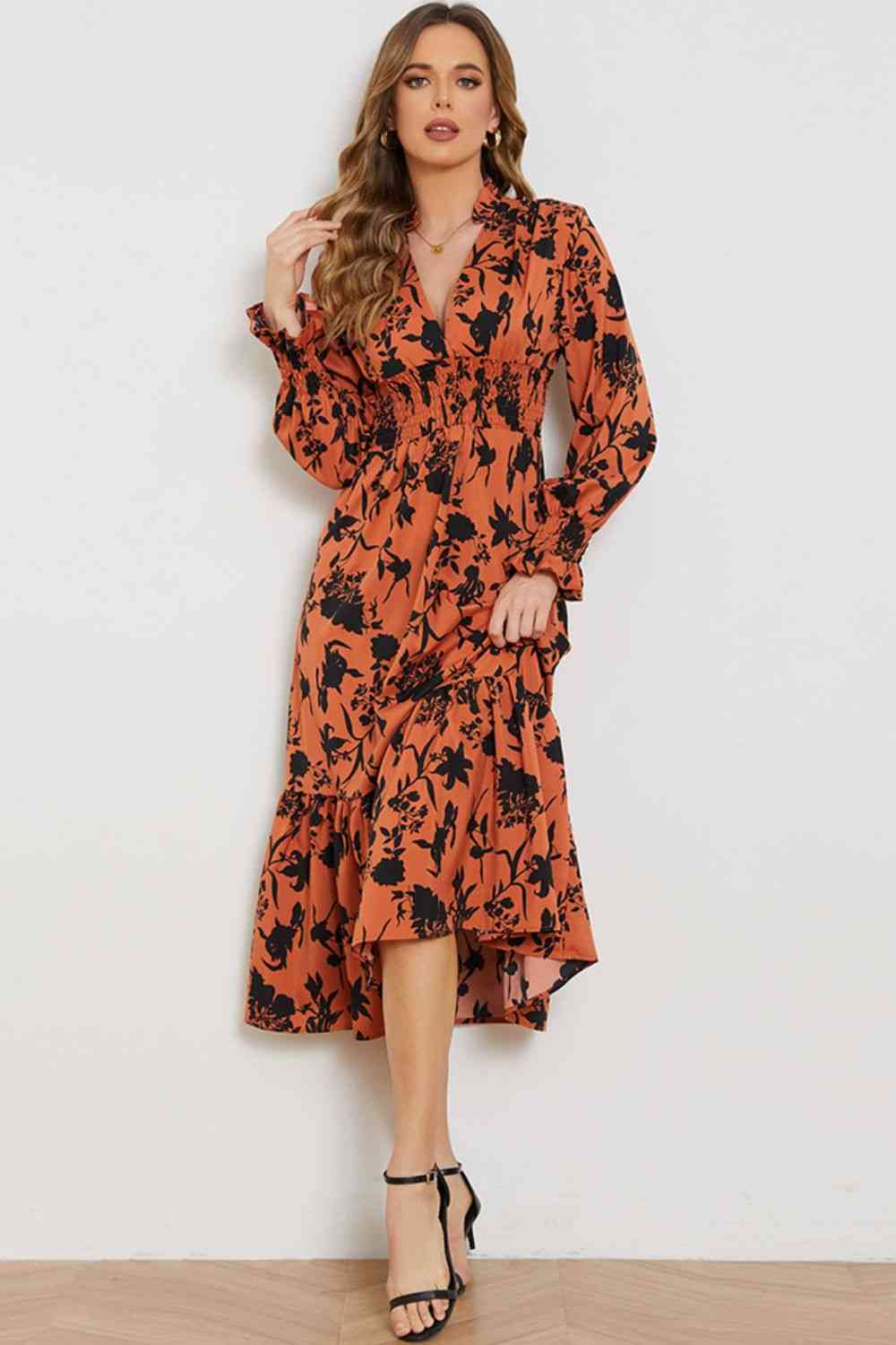 Floral Smocked Long Flounce Sleeve Dress - TRENDMELO