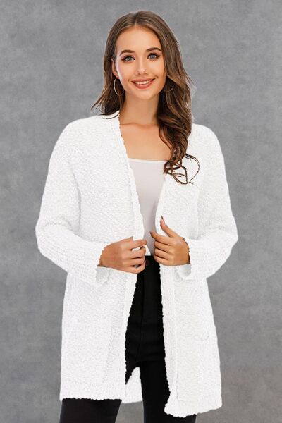 Pocketed Open Front Long Sleeve Cardigan - TRENDMELO