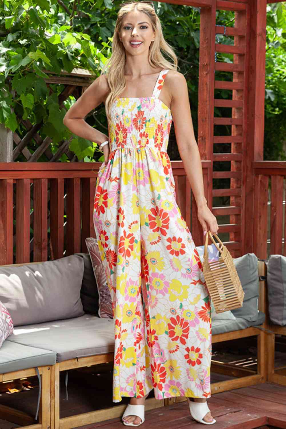 Floral Square Neck Smocked Wide Leg Jumpsuit - TRENDMELO