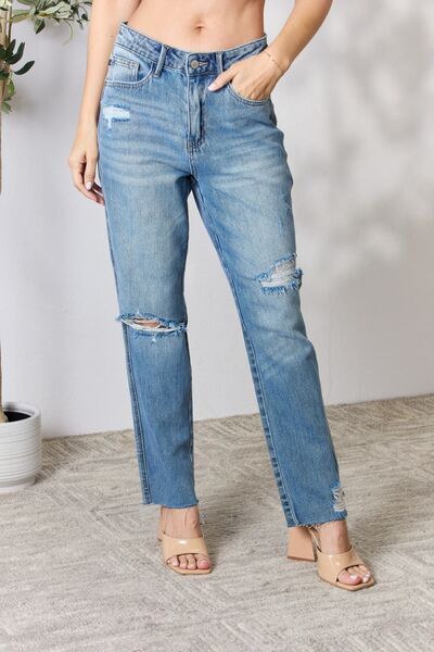 Judy Blue Full Size Distressed Raw Hem Straight Jeans - TRENDMELO