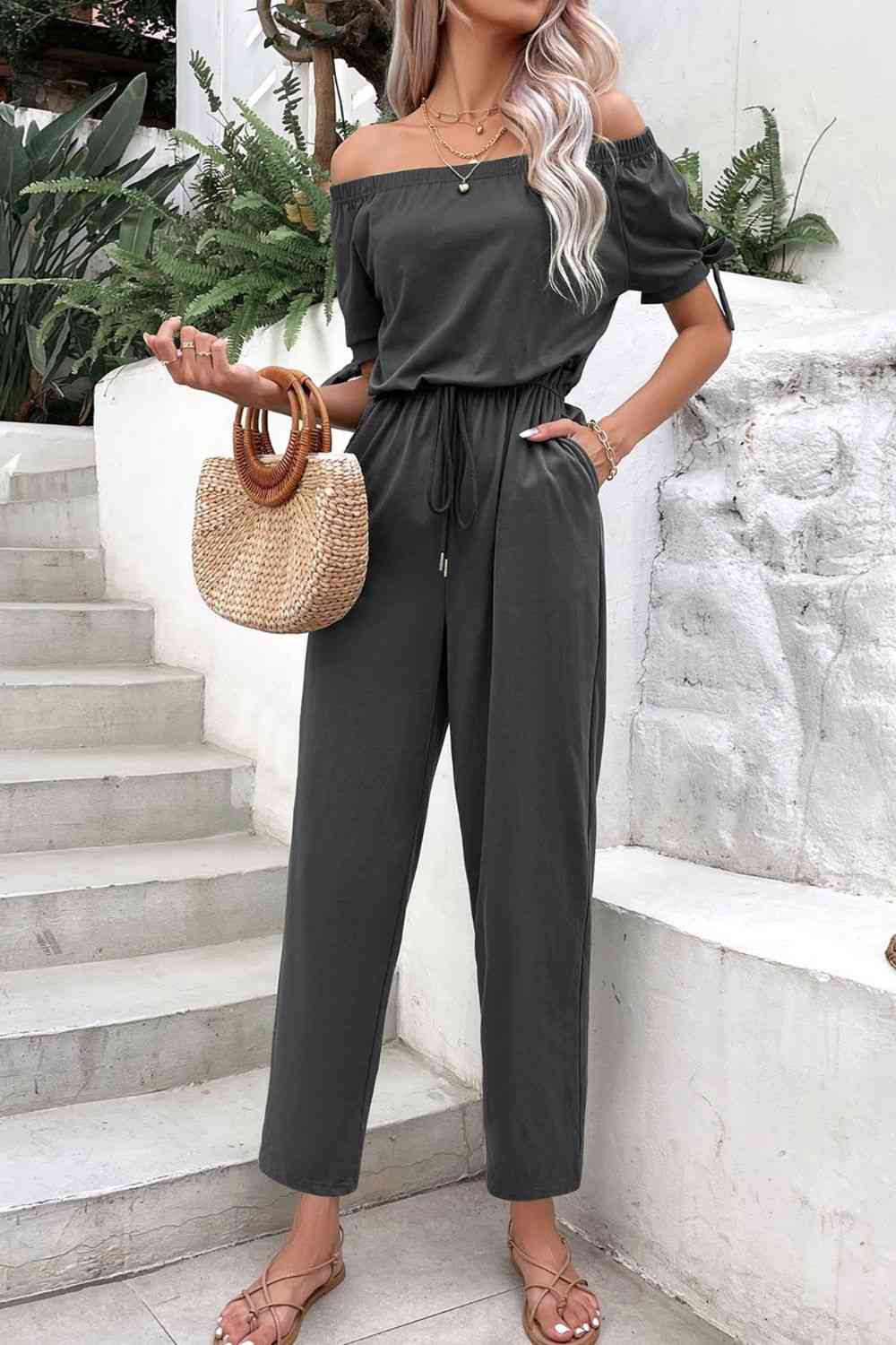 Off-Shoulder Tie Cuff Jumpsuit with Pockets - TRENDMELO