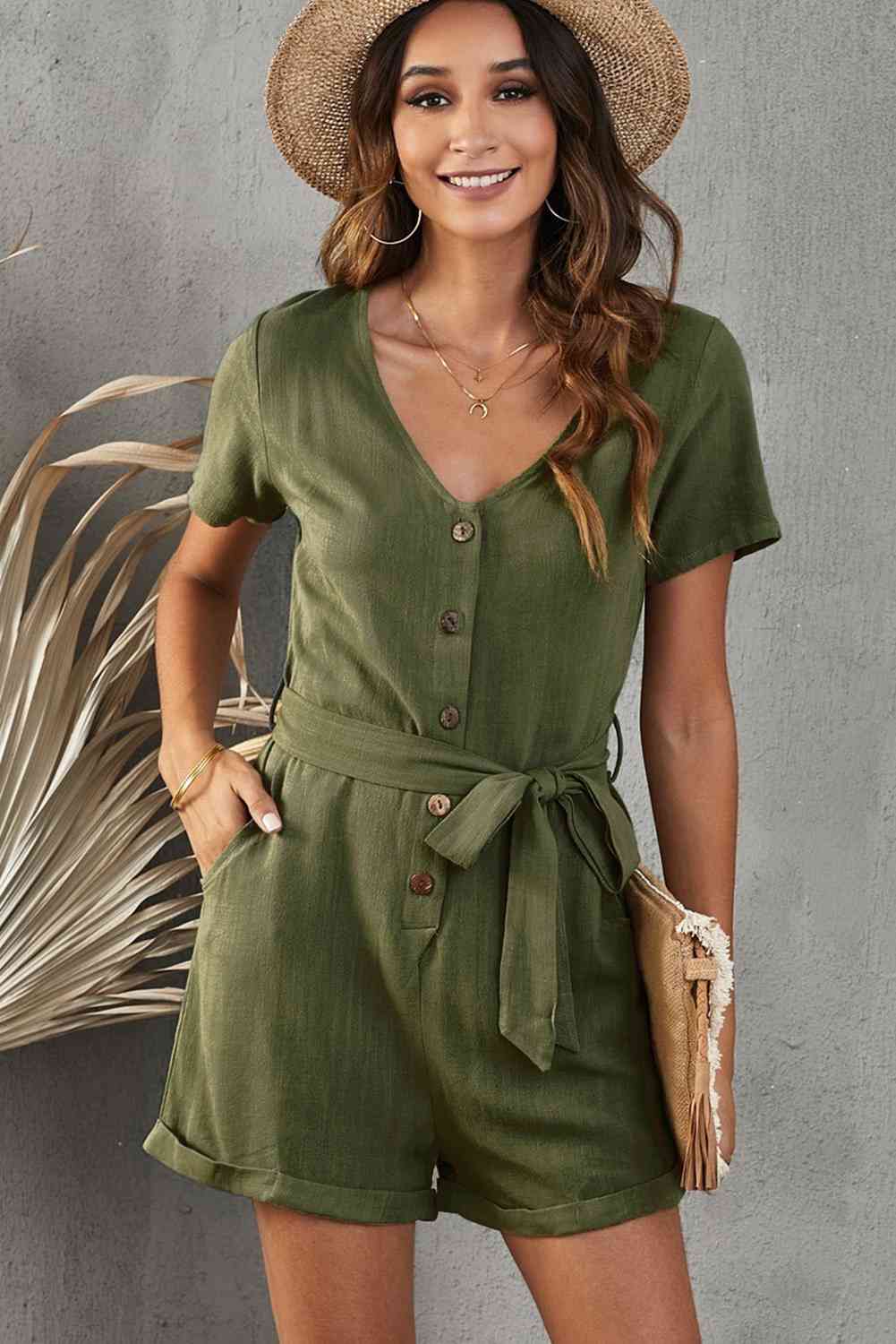 V-Neck Short Sleeve Tie Belt Romper with Pockets - TRENDMELO