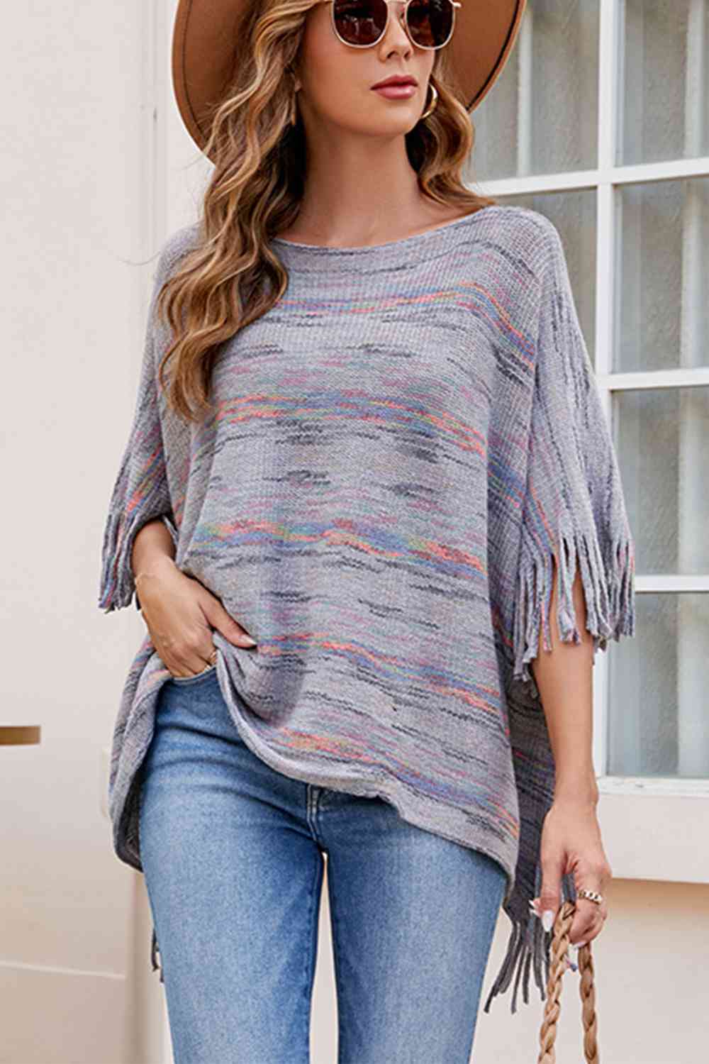 Round Neck Fringe Detail Sleeve Poncho - TRENDMELO