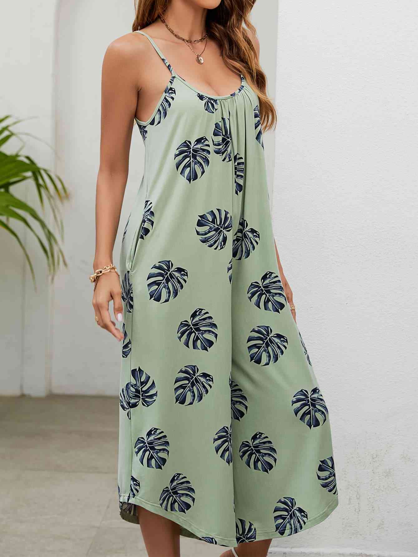 Botanical Print Spaghetti Strap Scoop Neck Jumpsuit - TRENDMELO