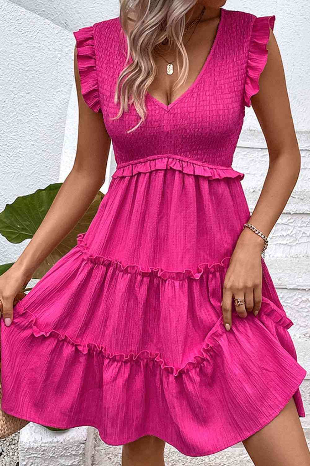 Smocked Frill Trim Deep V Dress - TRENDMELO