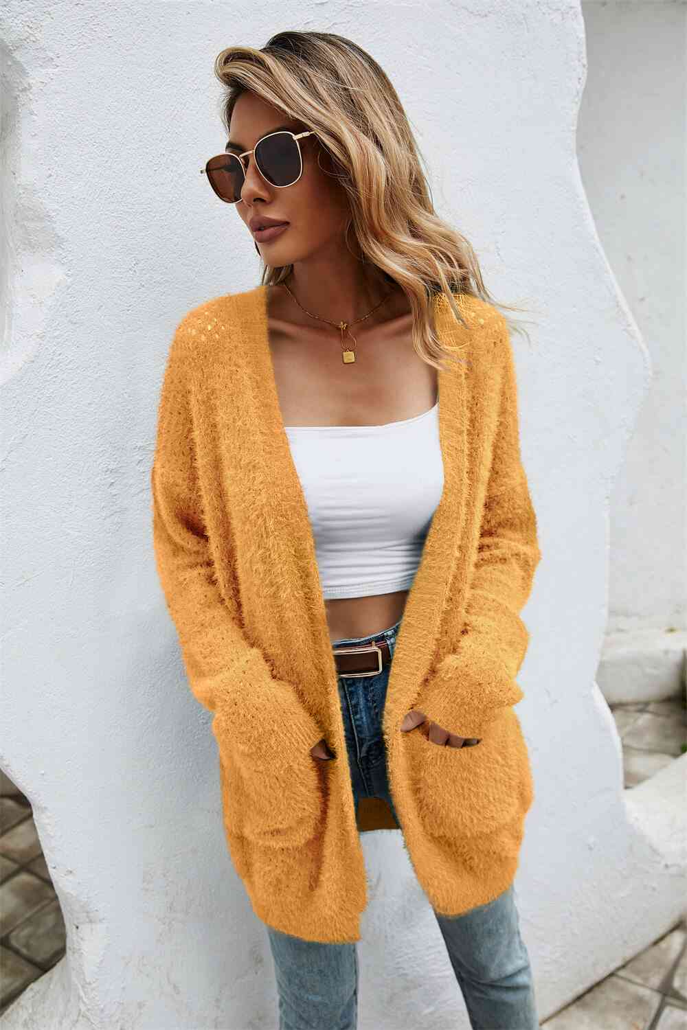 Open Front Openwork Fuzzy Cardigan with Pockets - TRENDMELO