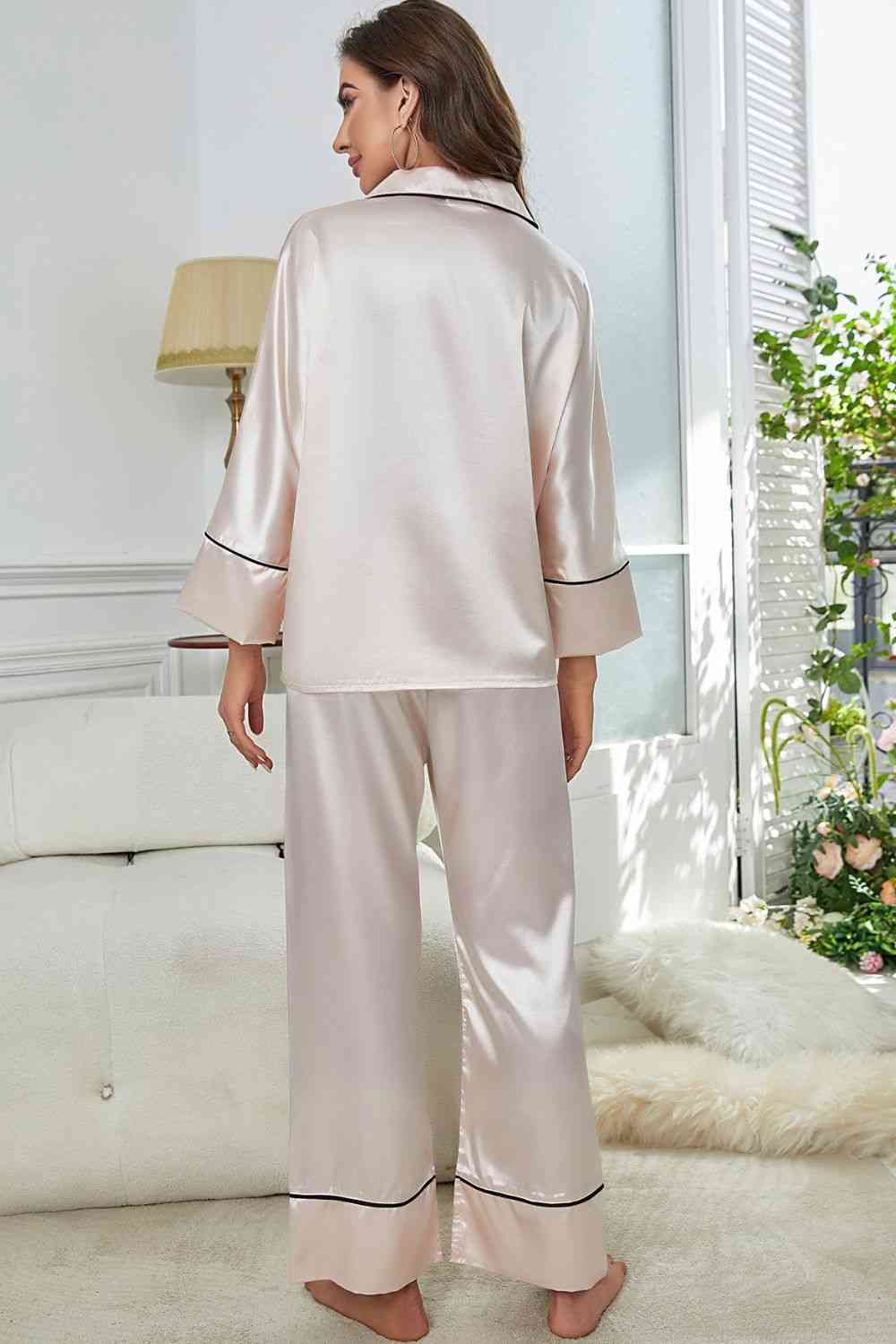 Contrast Piping Button-Up Top and Pants Pajama Set - TRENDMELO