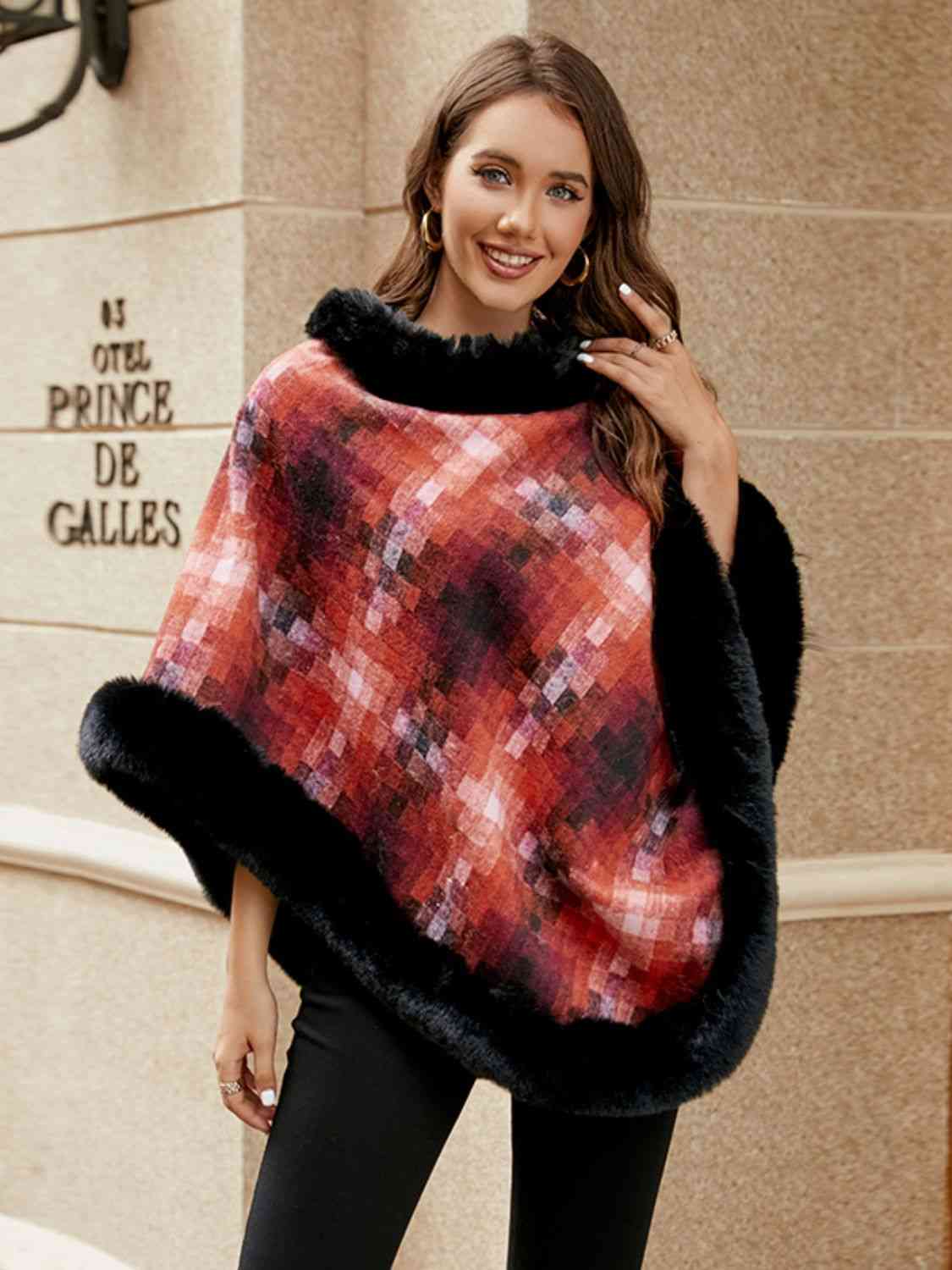 Faux Fur Trim Poncho - TRENDMELO