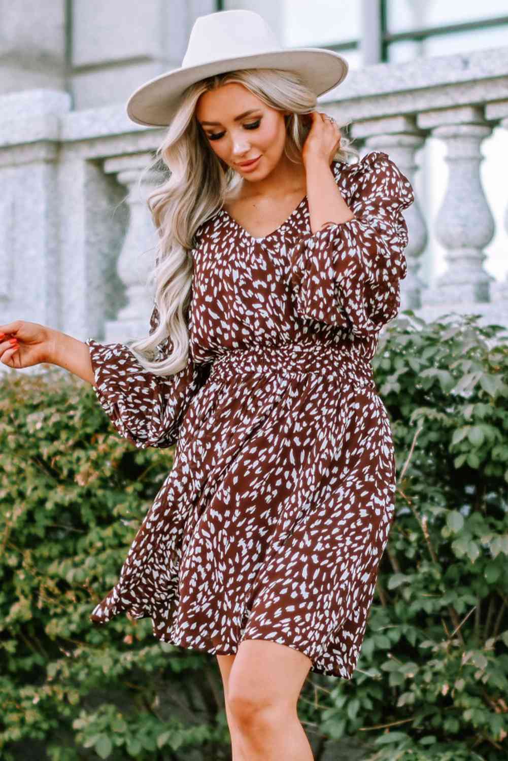 Printed Balloon Sleeve V-Neck Dress - TRENDMELO