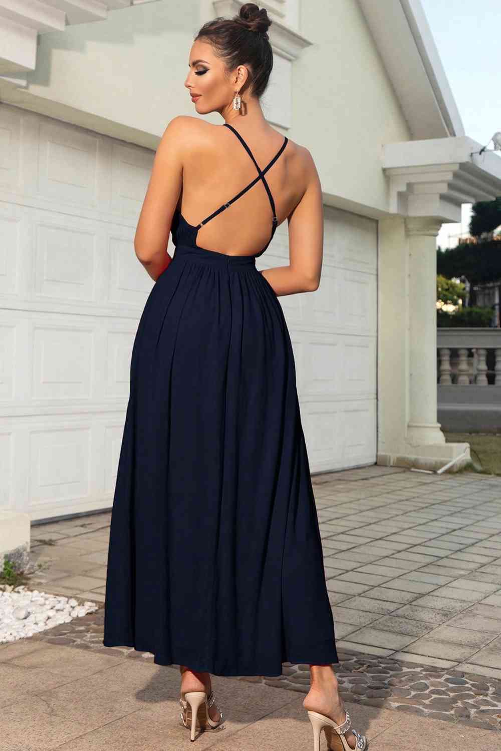 Sleeveless Plunge Neck Slit Maxi Dress - TRENDMELO