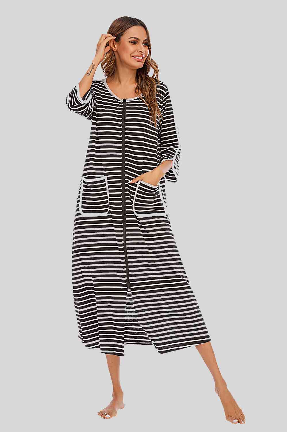 Round Neck Three-Quarter Sleeve Midi Night Dress - TRENDMELO