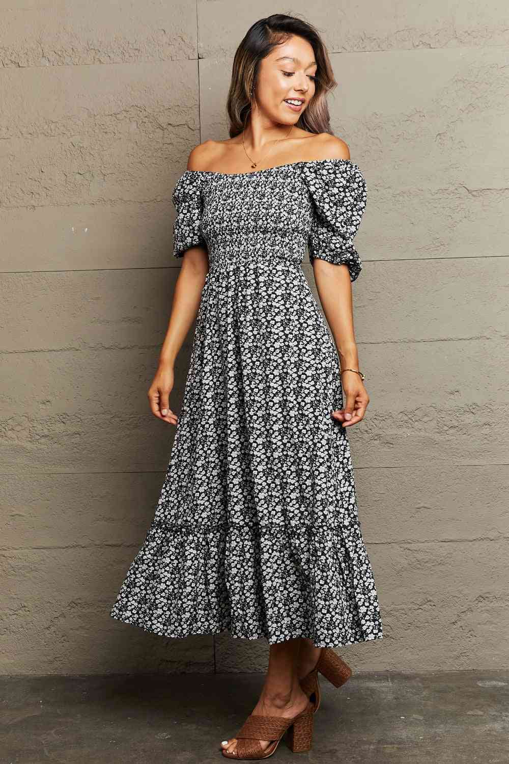 Floral Lace-Up Off-Shoulder Midi Dress - TRENDMELO