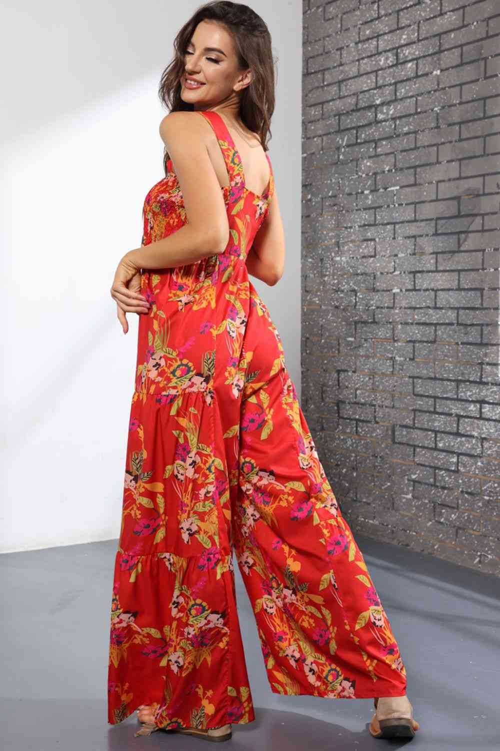 Floral Square Neck Wide Leg Jumpsuit - TRENDMELO