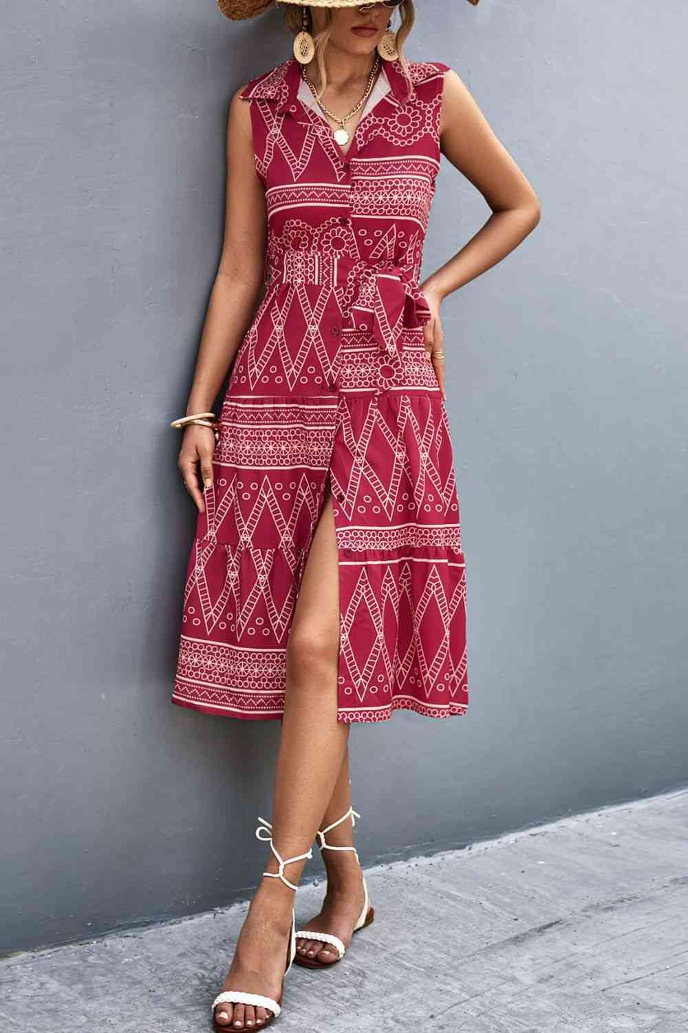 Printed Button Front Tie-Waist Sleeveless Collared Dress - TRENDMELO