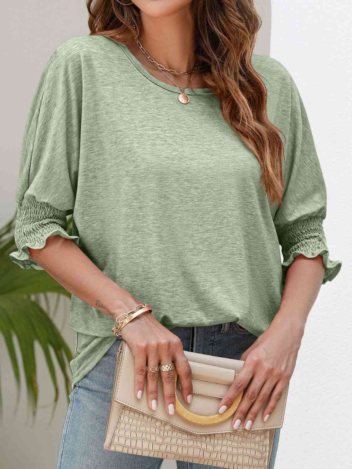 Smocked Flounce Sleeve Round Neck T-Shirt - TRENDMELO