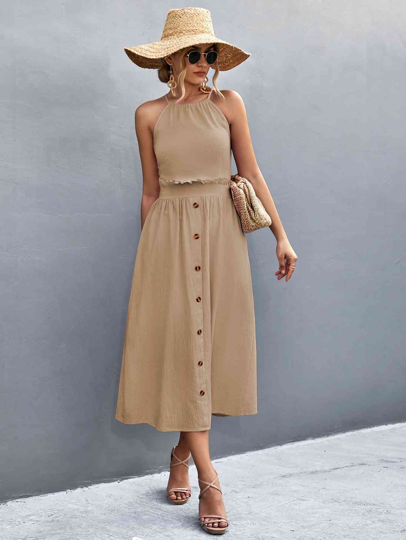 Buttoned Halter Neck Frill Trim Midi Dress - TRENDMELO