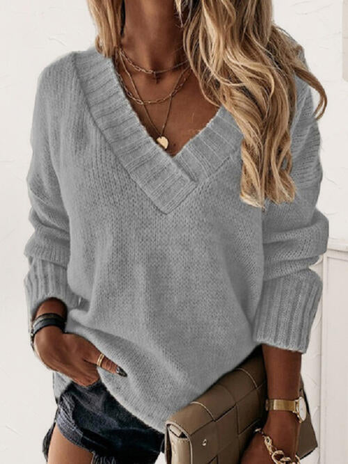 V-Neck Long Sleeve Knit Top - TRENDMELO